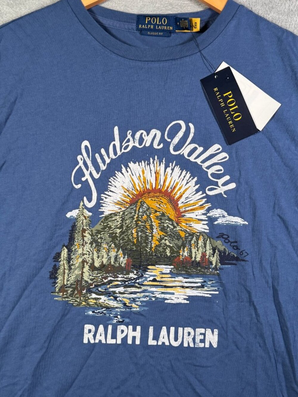 Polo Ralph Lauren T-Shirt Mens M Blue Hudson Valley Graphic Sunrise Classic $70